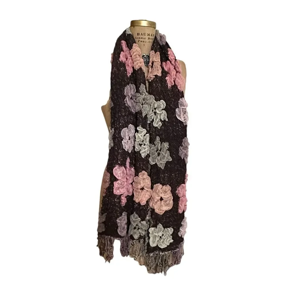 Pink and Brown floral reversible 3D ruffle scarf